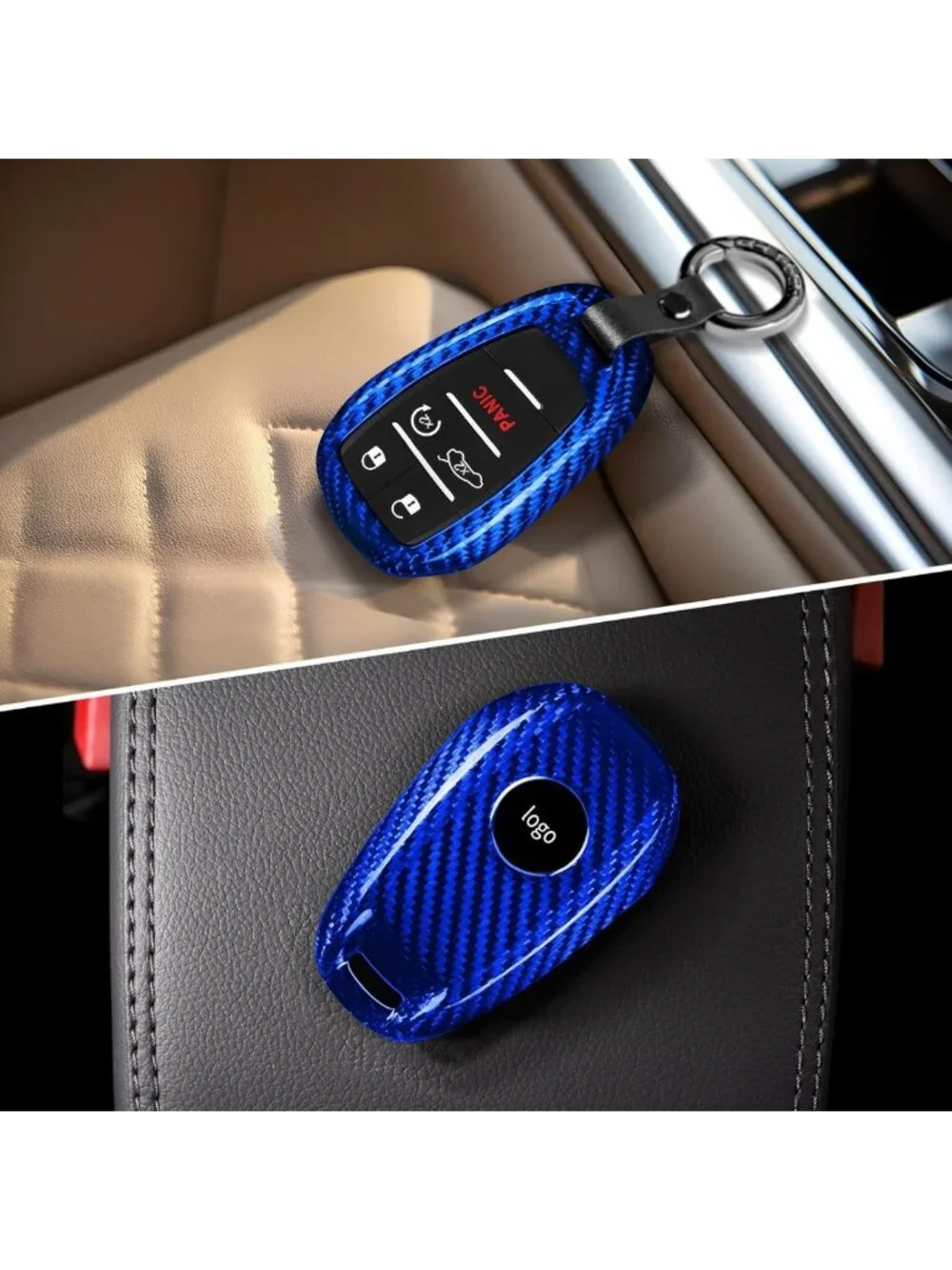 Stylish Real Glass Fiber Key Fob Cover for Smart Car Remote, 4-5 Buttons, Blue